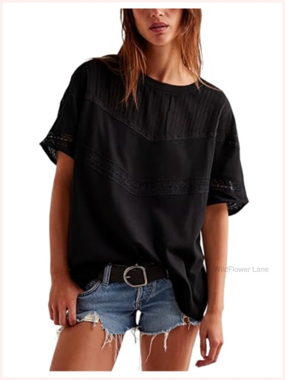 Women's Cotton Crochet Lace Top Oversized Boho Crew Neck Short Sleeve Blouse